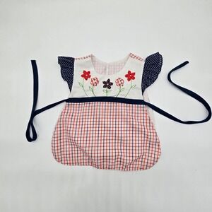 Vintage Cute Togs Baby Girls Red Blue Plaid Floral Ruffle Apron Dress
